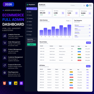 Modern responsive ecommerce admin dashboard template with analytics and order management