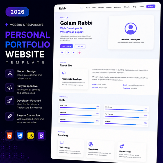 Modern responsive personal portfolio website template for web developer
